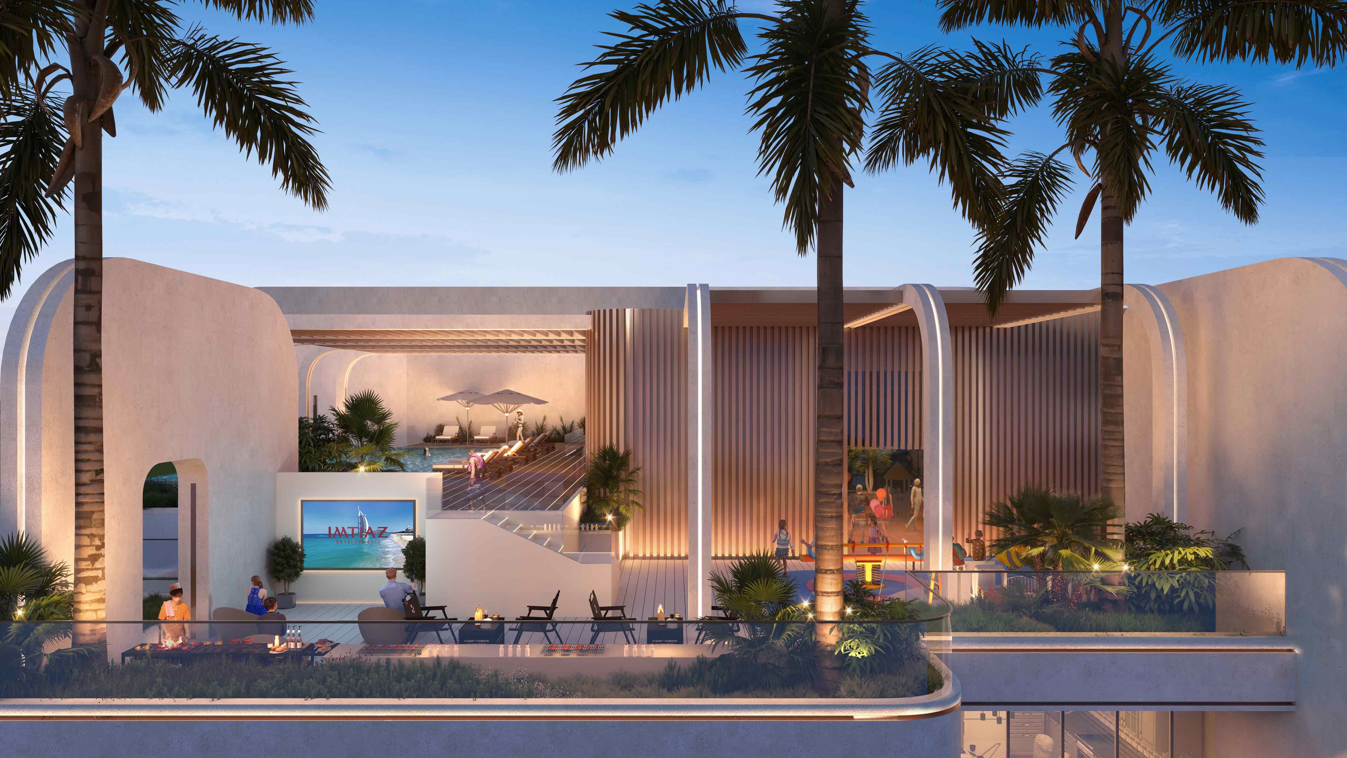 Le Blanc A modern outdoor space featuring palm trees, lounge chairs, and a pool area, illuminated for evening relaxation.